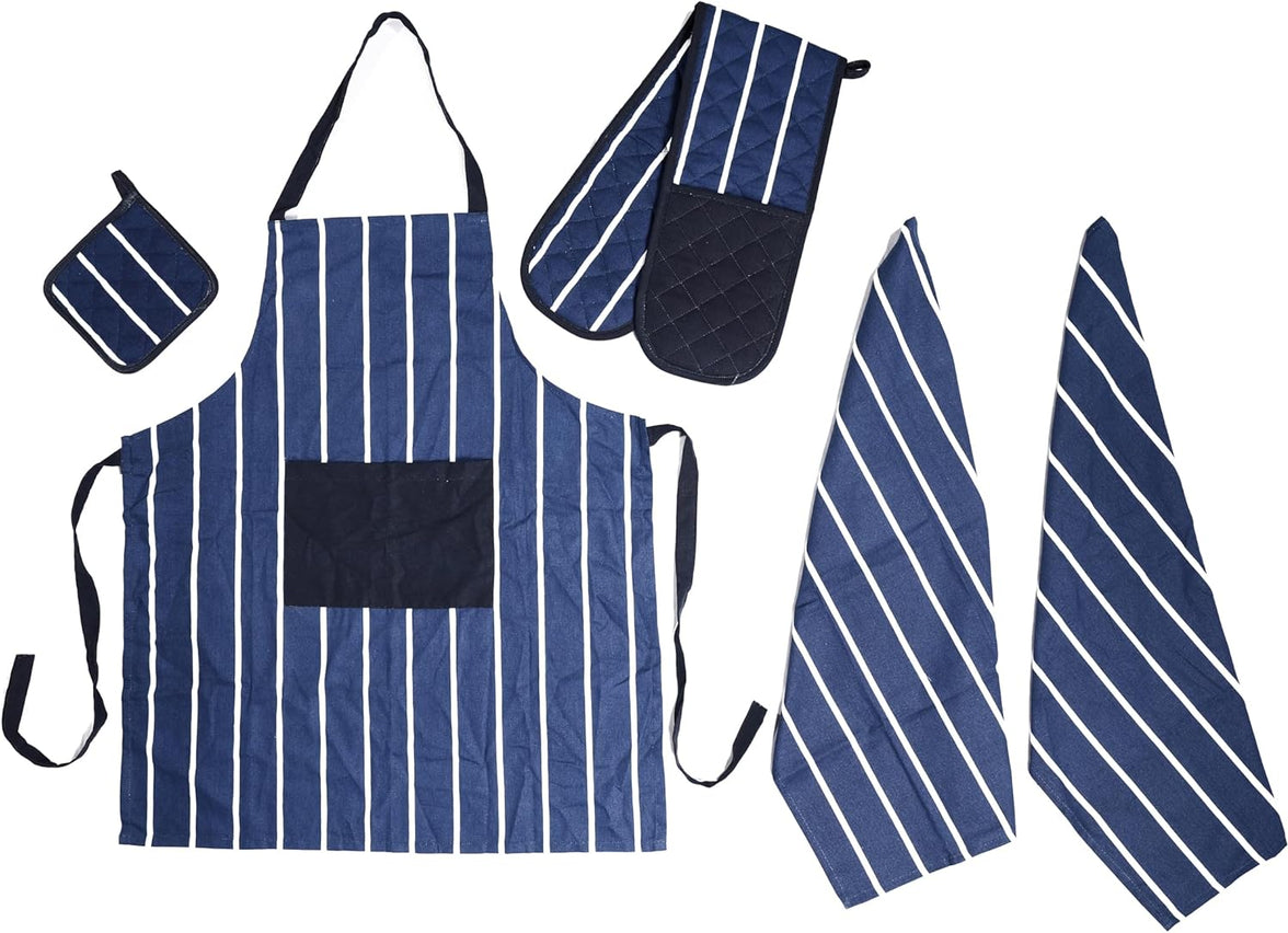 Kitchen Sets Apron Double Oven Gloves Towel Set Heat Resistant Oven Mitts Pot Holder for Home Kitchen Baking and Cooking Pack of 5 by OLIVIA ROCCO BUTCHER STRIPE NAVY Apron