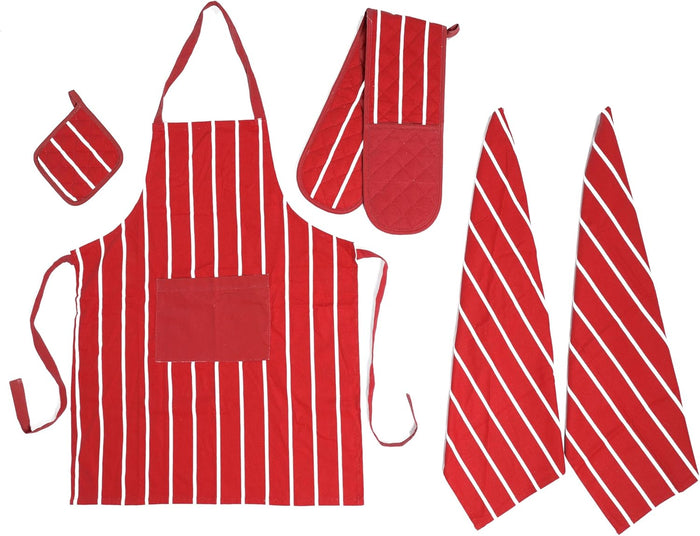 Kitchen Sets Apron Double Oven Gloves Towel Set Heat Resistant Oven Mitts Pot Holder for Home Kitchen Baking and Cooking Pack of 5 by OLIVIA ROCCO BUTCHER STRIPE RED Apron