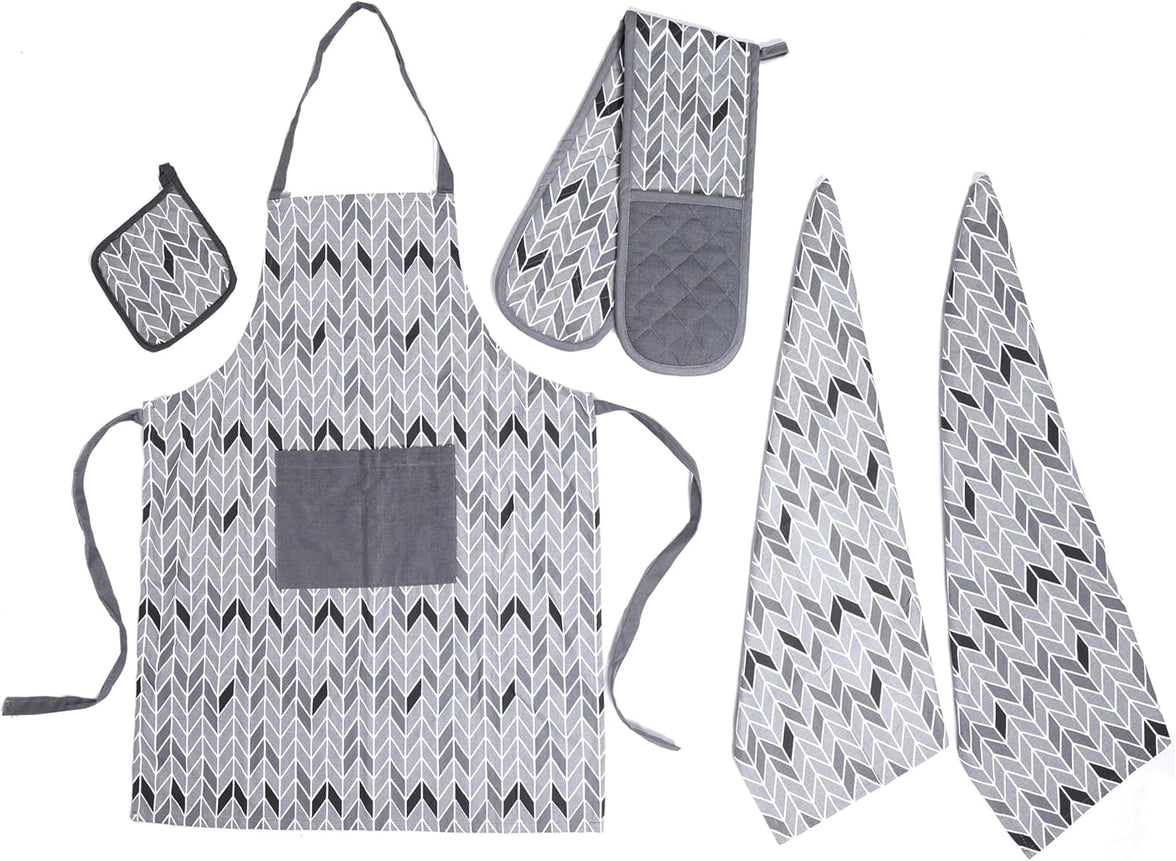 Kitchen Sets Apron Double Oven Gloves Towel Set Heat Resistant Oven Mitts Pot Holder for Home Kitchen Baking and Cooking Pack of 5 by OLIVIA ROCCO CHEVRON SILVER Apron