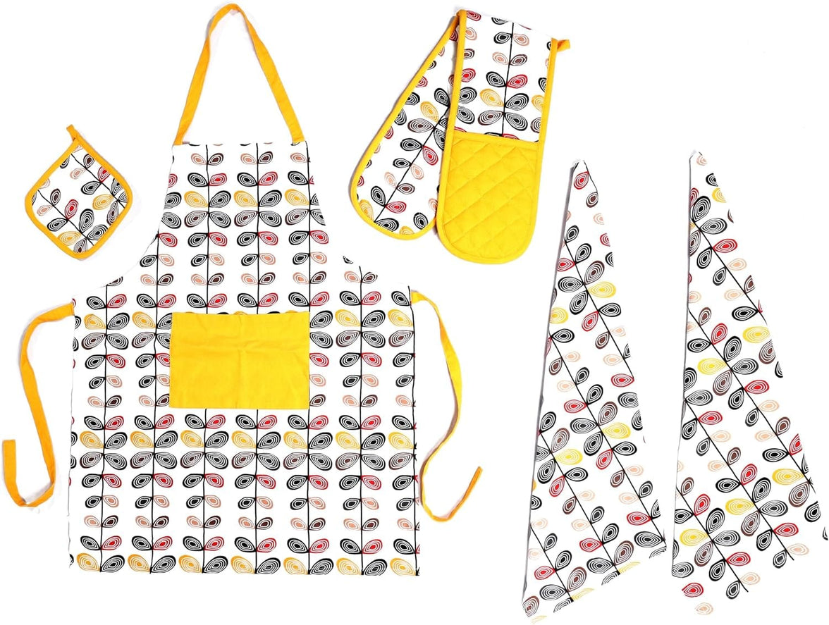 Kitchen Sets Apron Double Oven Gloves Towel Set Heat Resistant Oven Mitts Pot Holder for Home Kitchen Baking and Cooking Pack of 5 by OLIVIA ROCCO LEAF MULTI Apron