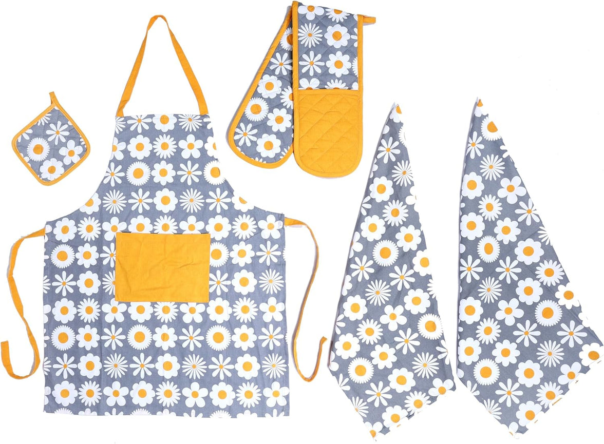 Kitchen Sets Apron Double Oven Gloves Towel Set Heat Resistant Oven Mitts Pot Holder for Home Kitchen Baking and Cooking Pack of 5 by OLIVIA ROCCO SUMMER OCHRE Apron