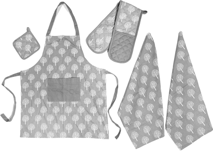 Kitchen Sets Apron Double Oven Gloves Towel Set Heat Resistant Oven Mitts Pot Holder for Home Kitchen Baking and Cooking Pack of 5 by OLIVIA ROCCO TREES SILVER Apron