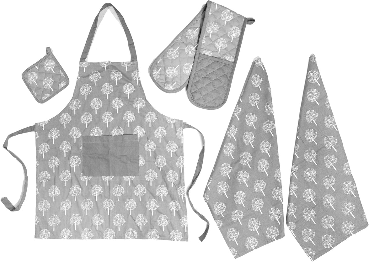 Kitchen Sets Apron Double Oven Gloves Towel Set Heat Resistant Oven Mitts Pot Holder for Home Kitchen Baking and Cooking Pack of 5 by OLIVIA ROCCO TREES SILVER Apron