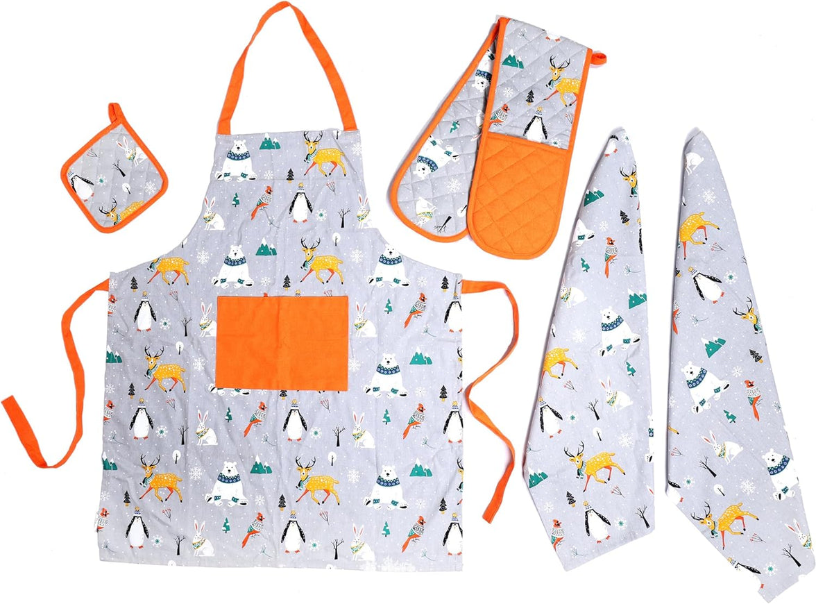 Kitchen Sets Apron Double Oven Gloves Towel Set Heat Resistant Oven Mitts Pot Holder for Home Kitchen Baking and Cooking Pack of 5 by OLIVIA ROCCO WINTER ANIMALS Apron