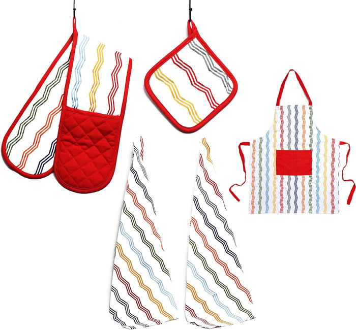 Kitchen Sets Apron Double Oven Gloves Towel Set Heat Resistant Oven Mitts Pot Holder for Home Kitchen Baking and Cooking Pack of 5 by OLIVIA ROCCO ZIGGY MULTI Apron