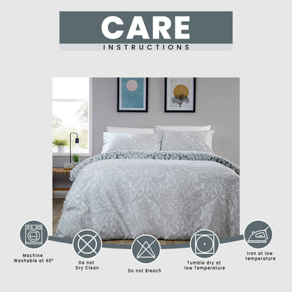OLIVIA ROCCO Aria Grey Printed Reversible Duvet Cover Set Quilted Polyester Blend with Button Closure Single Double King Size Duvet Cover