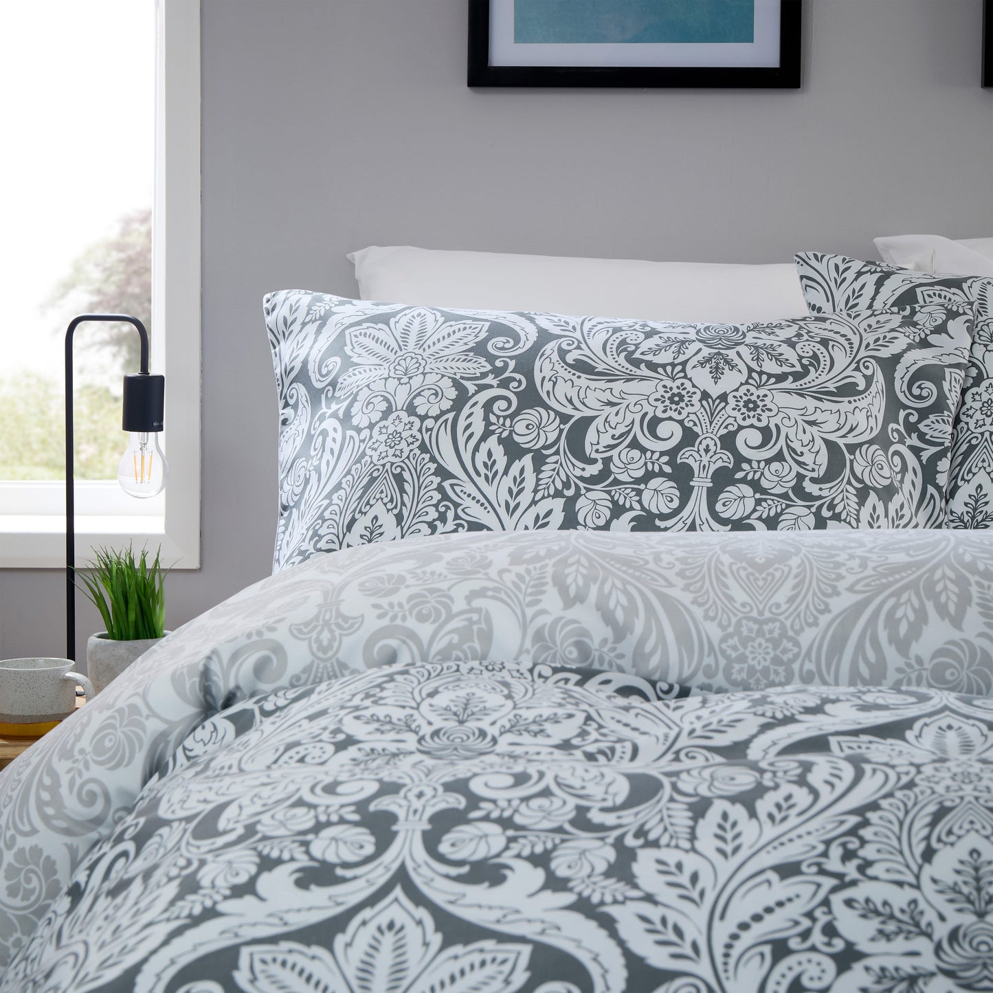 OLIVIA ROCCO Aria Grey Printed Reversible Duvet Cover Set Quilted Polyester Blend with Button Closure Single Double King Size Duvet Cover