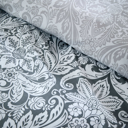 OLIVIA ROCCO Aria Grey Printed Reversible Duvet Cover Set Quilted Polyester Blend with Button Closure Single Double King Size Duvet Cover