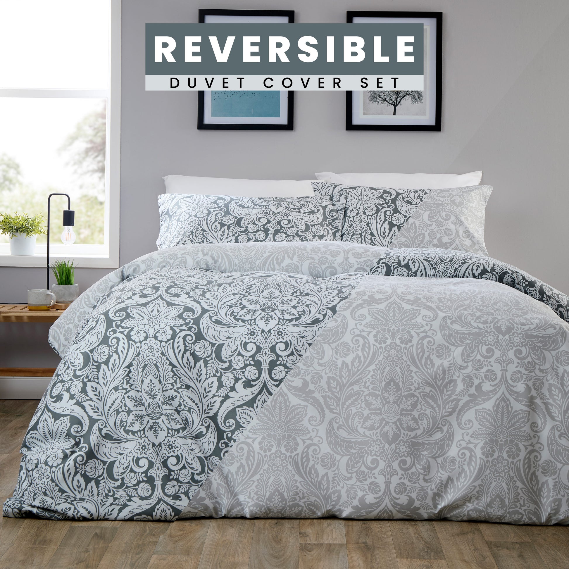 OLIVIA ROCCO Aria Grey Printed Reversible Duvet Cover Set Quilted Polyester Blend with Button Closure Single Double King Size Duvet Cover