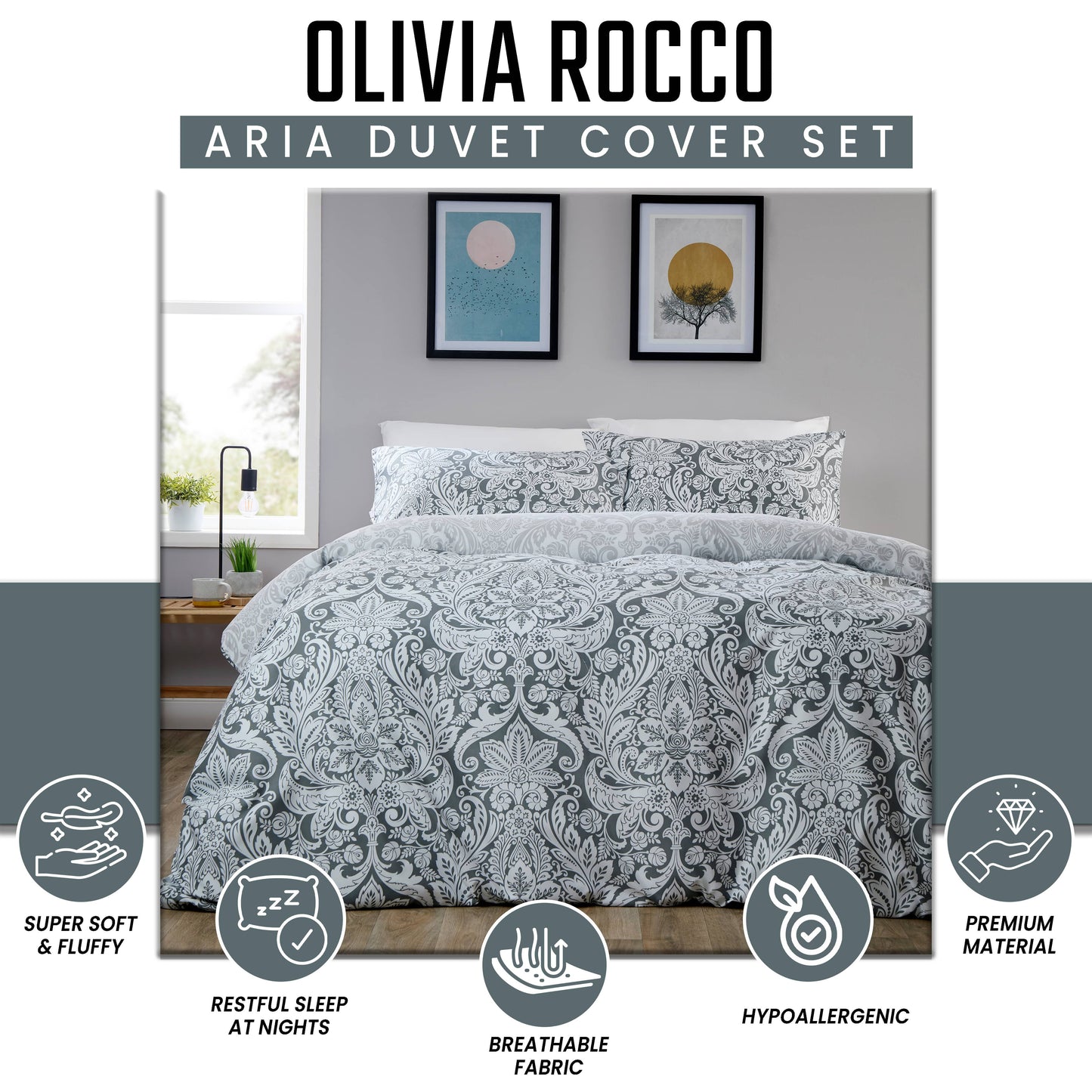 OLIVIA ROCCO Aria Grey Printed Reversible Duvet Cover Set Quilted Polyester Blend with Button Closure Single Double King Size Duvet Cover