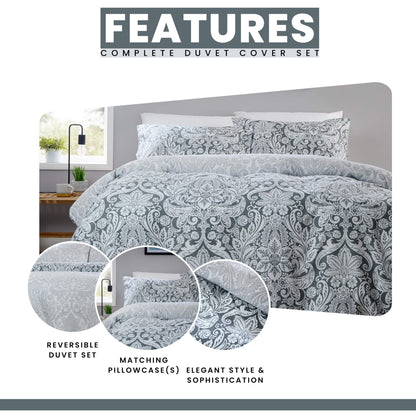 OLIVIA ROCCO Aria Grey Printed Reversible Duvet Cover Set Quilted Polyester Blend with Button Closure Single Double King Size Duvet Cover