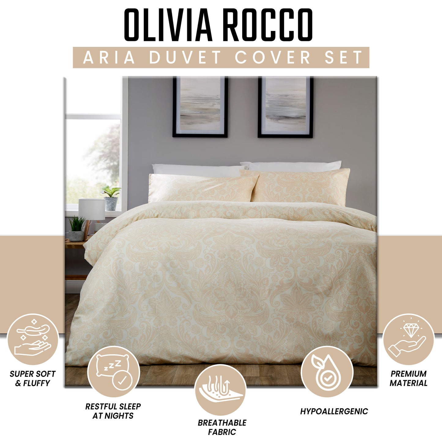 OLIVIA ROCCO Aria Natural Printed Reversible Duvet Cover Set Quilted Polyester Blend with Button Closure Single Double King Size Duvet Cover