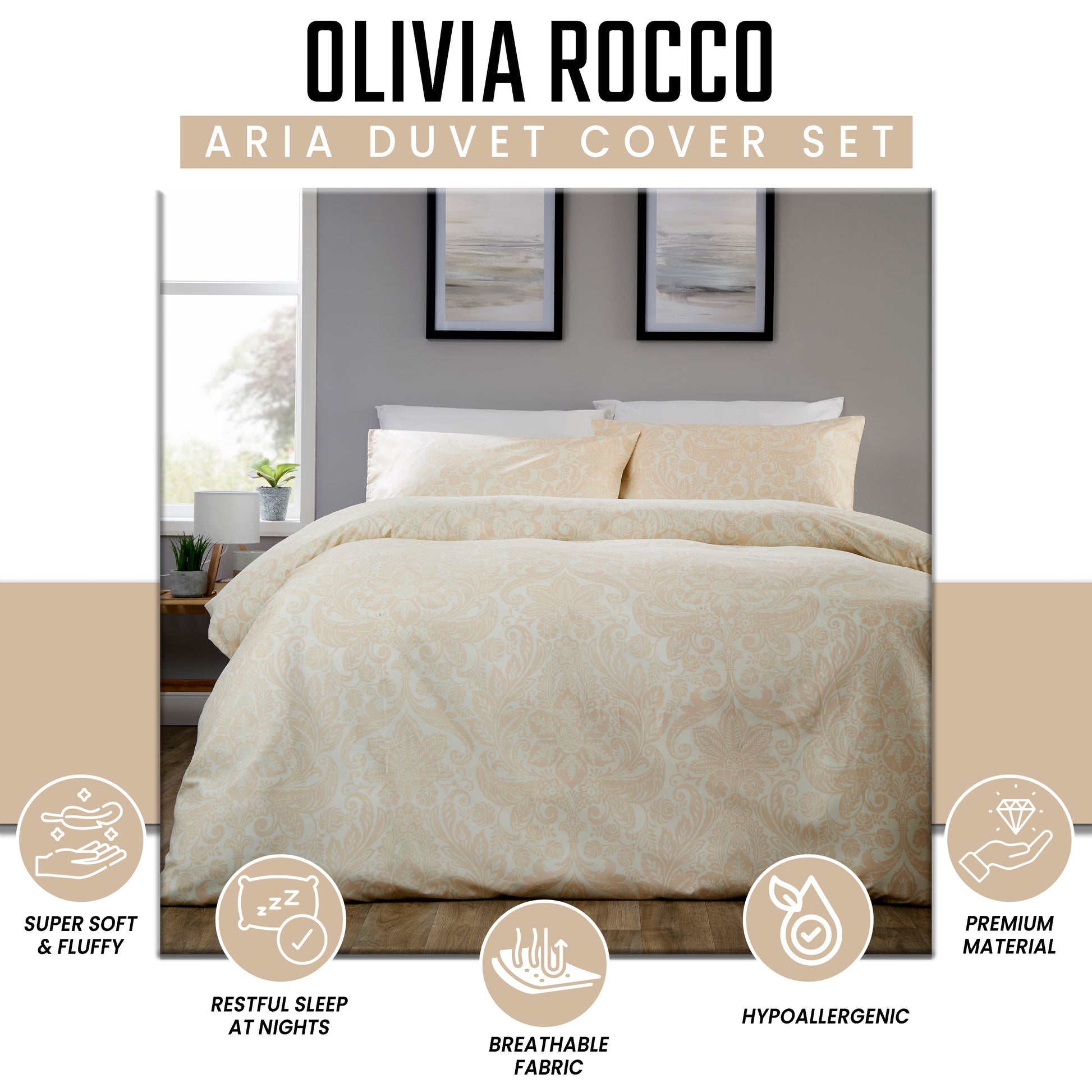 OLIVIA ROCCO Aria Natural Printed Reversible Duvet Cover Set Quilted Polyester Blend with Button Closure Single Double King Size Duvet Cover