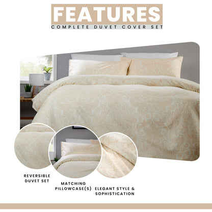 OLIVIA ROCCO Aria Natural Printed Reversible Duvet Cover Set Quilted Polyester Blend with Button Closure Single Double King Size Duvet Cover