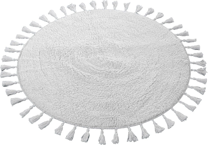 Super Soft Absorbent Non-Slip Round Tasselled Bath Mat 100% Cotton Bathroom Rug in Duck Egg Grey Natural and White by OLIVIA ROCCO 70cm Round / WHITE Bath Mat