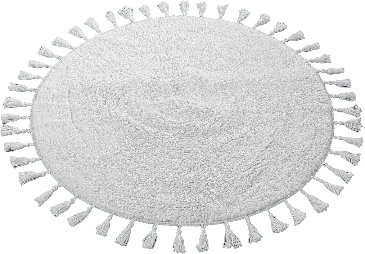 Super Soft Absorbent Non-Slip Round Tasselled Bath Mat 100% Cotton Bathroom Rug in Duck Egg Grey Natural and White by OLIVIA ROCCO 70cm Round / WHITE Bath Mat