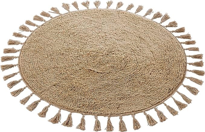 Super Soft Absorbent Non-Slip Round Tasselled Bath Mat 100% Cotton Bathroom Rug in Duck Egg Grey Natural and White by OLIVIA ROCCO 70cm Round / NATURAL Bath Mat