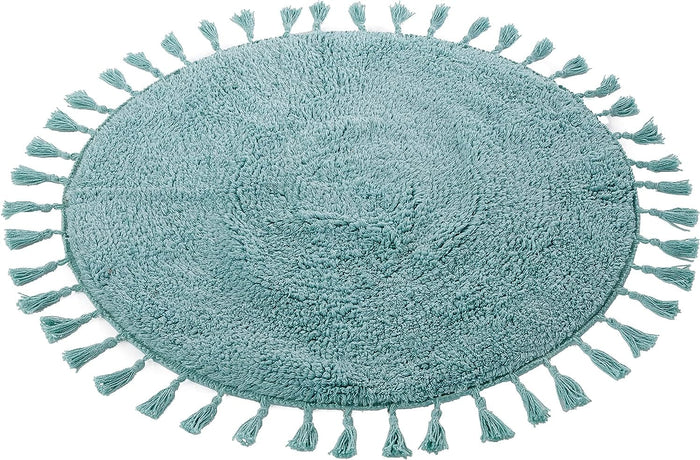 Super Soft Absorbent Non-Slip Round Tasselled Bath Mat 100% Cotton Bathroom Rug in Duck Egg Grey Natural and White by OLIVIA ROCCO 70cm Round / DUCK EGG Bath Mat