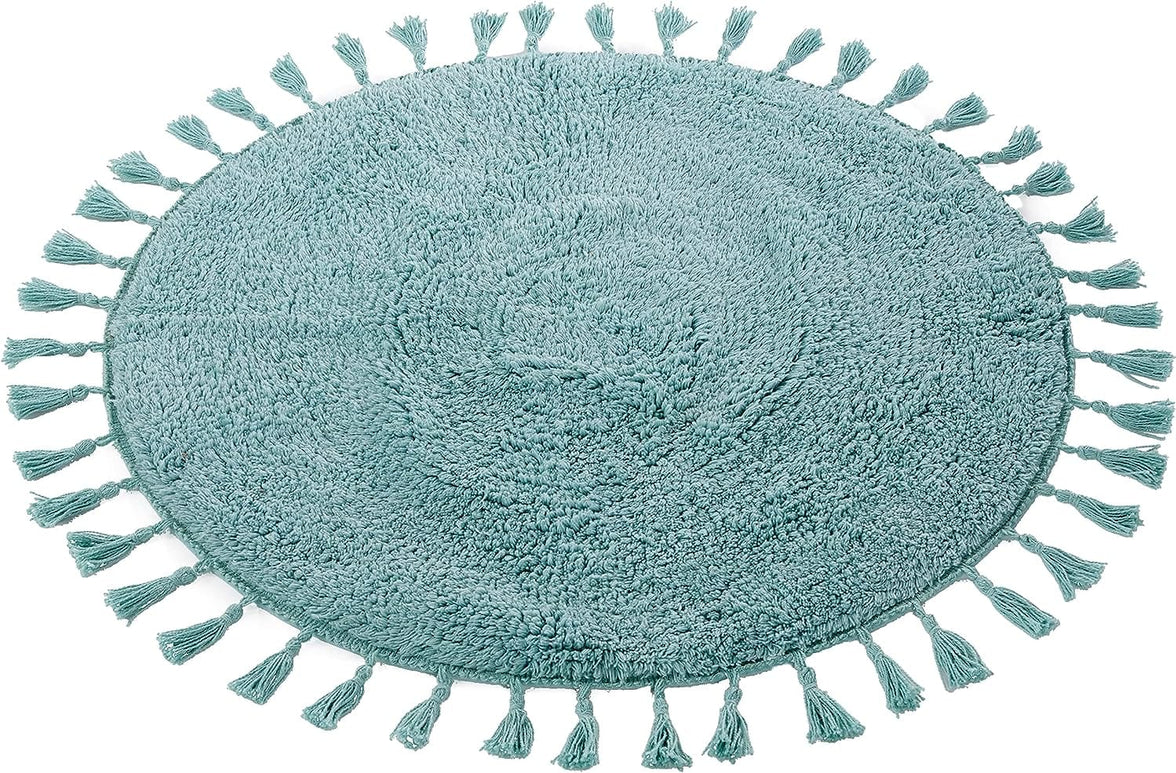 Super Soft Absorbent Non-Slip Round Tasselled Bath Mat 100% Cotton Bathroom Rug in Duck Egg Grey Natural and White by OLIVIA ROCCO 70cm Round / DUCK EGG Bath Mat