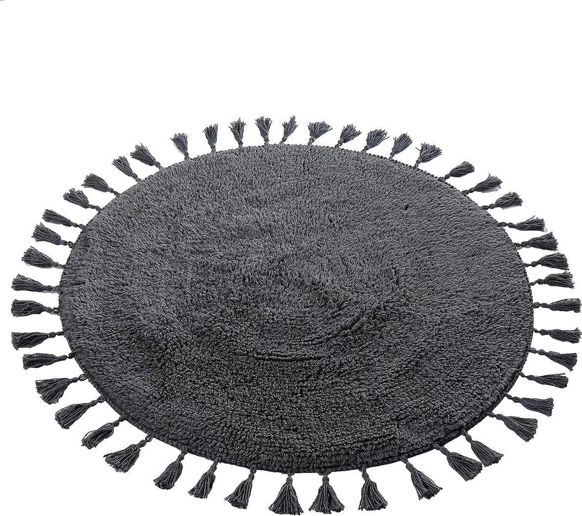 Super Soft Absorbent Non-Slip Round Tasselled Bath Mat 100% Cotton Bathroom Rug in Duck Egg Grey Natural and White by OLIVIA ROCCO 70cm Round / GREY Bath Mat