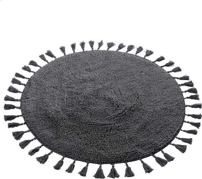 Super Soft Absorbent Non-Slip Round Tasselled Bath Mat 100% Cotton Bathroom Rug in Duck Egg Grey Natural and White by OLIVIA ROCCO 70cm Round / GREY Bath Mat