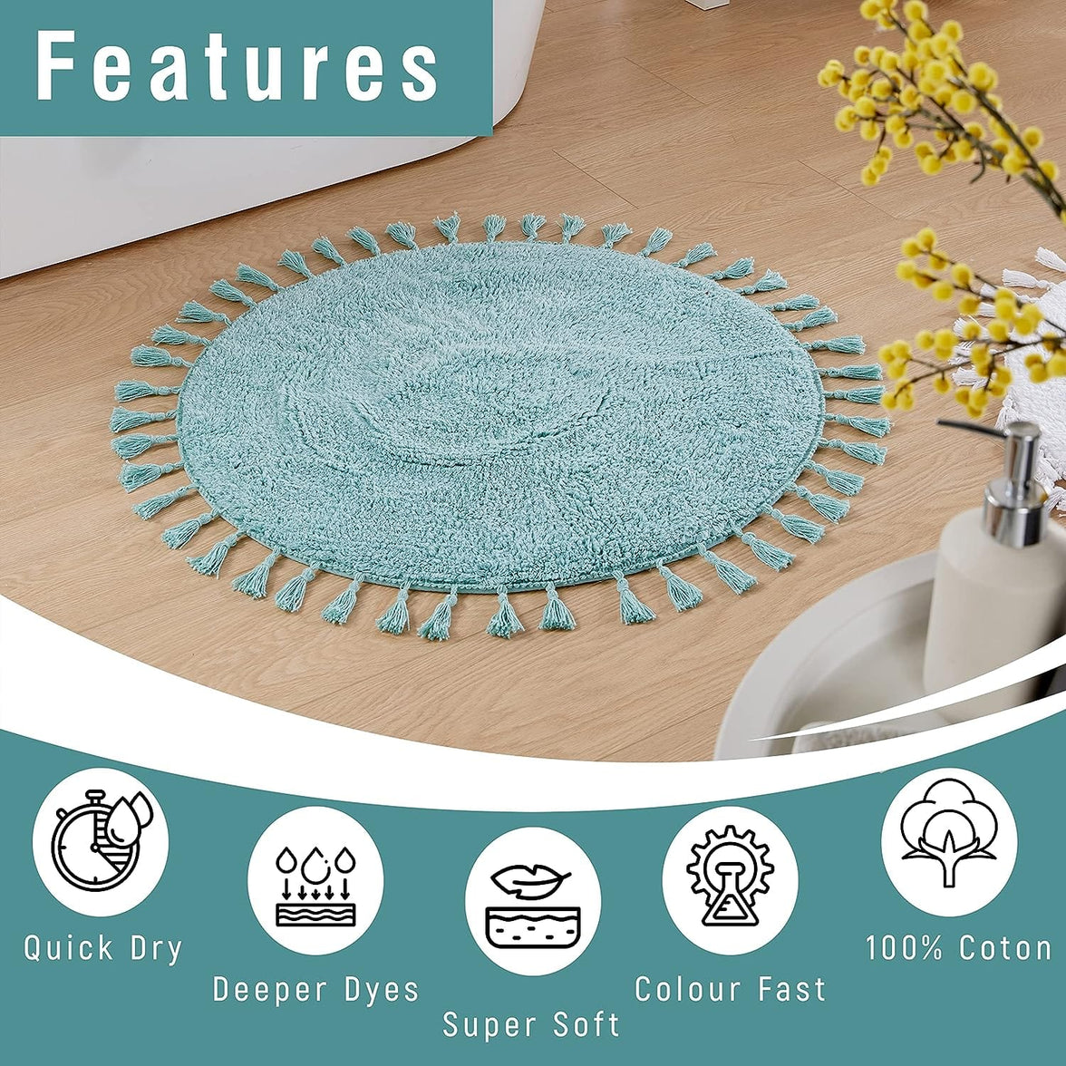 Super Soft Absorbent Non-Slip Round Tasselled Bath Mat 100% Cotton Bathroom Rug in Duck Egg Grey Natural and White by OLIVIA ROCCO Bath Mat
