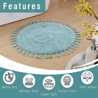 Super Soft Absorbent Non-Slip Round Tasselled Bath Mat 100% Cotton Bathroom Rug in Duck Egg Grey Natural and White by OLIVIA ROCCO Bath Mat