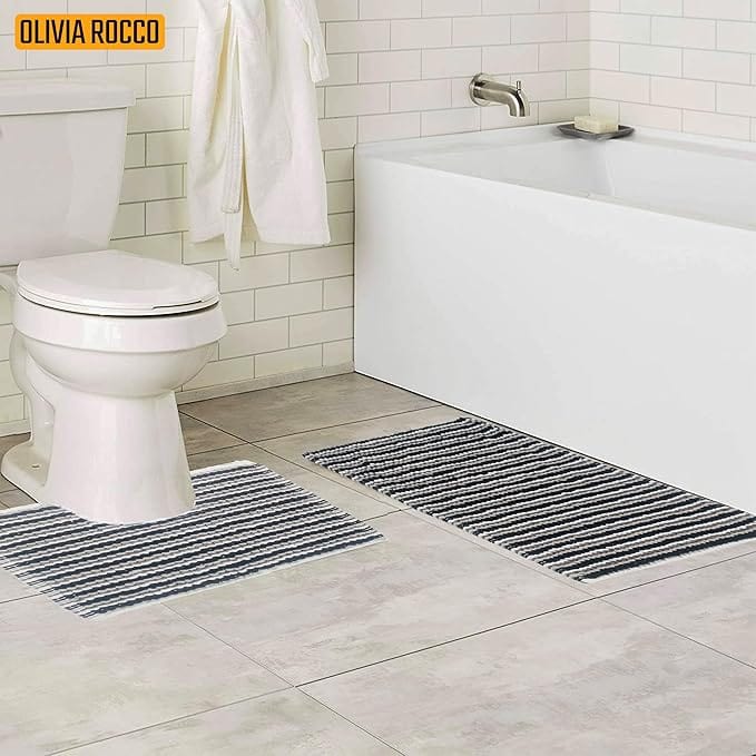 2 Piece Amalfi Super Soft Absorbent Bath Mat Set Jumbo Plush Cotton Pedestal Bath Rug with Modern Design for Bathroom OLIVIA ROCCO Bath Mat
