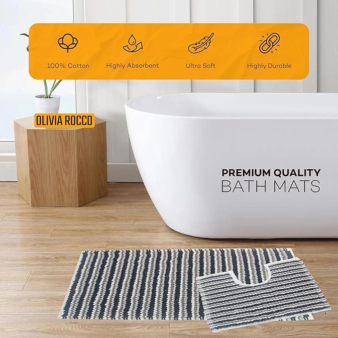 2 Piece Amalfi Super Soft Absorbent Bath Mat Set Jumbo Plush Cotton Pedestal Bath Rug with Modern Design for Bathroom OLIVIA ROCCO Bath Mat