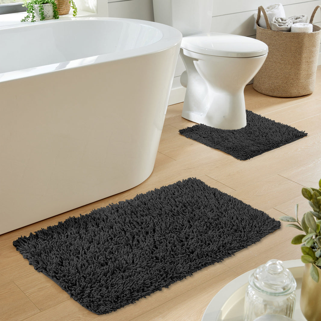 Como 2 Piece Black Bath Mat & Pedestal Set Non-Slip Super Absorbent Cotton Bathroom Mats by OLIVIA ROCCO BLACK Bath Mat