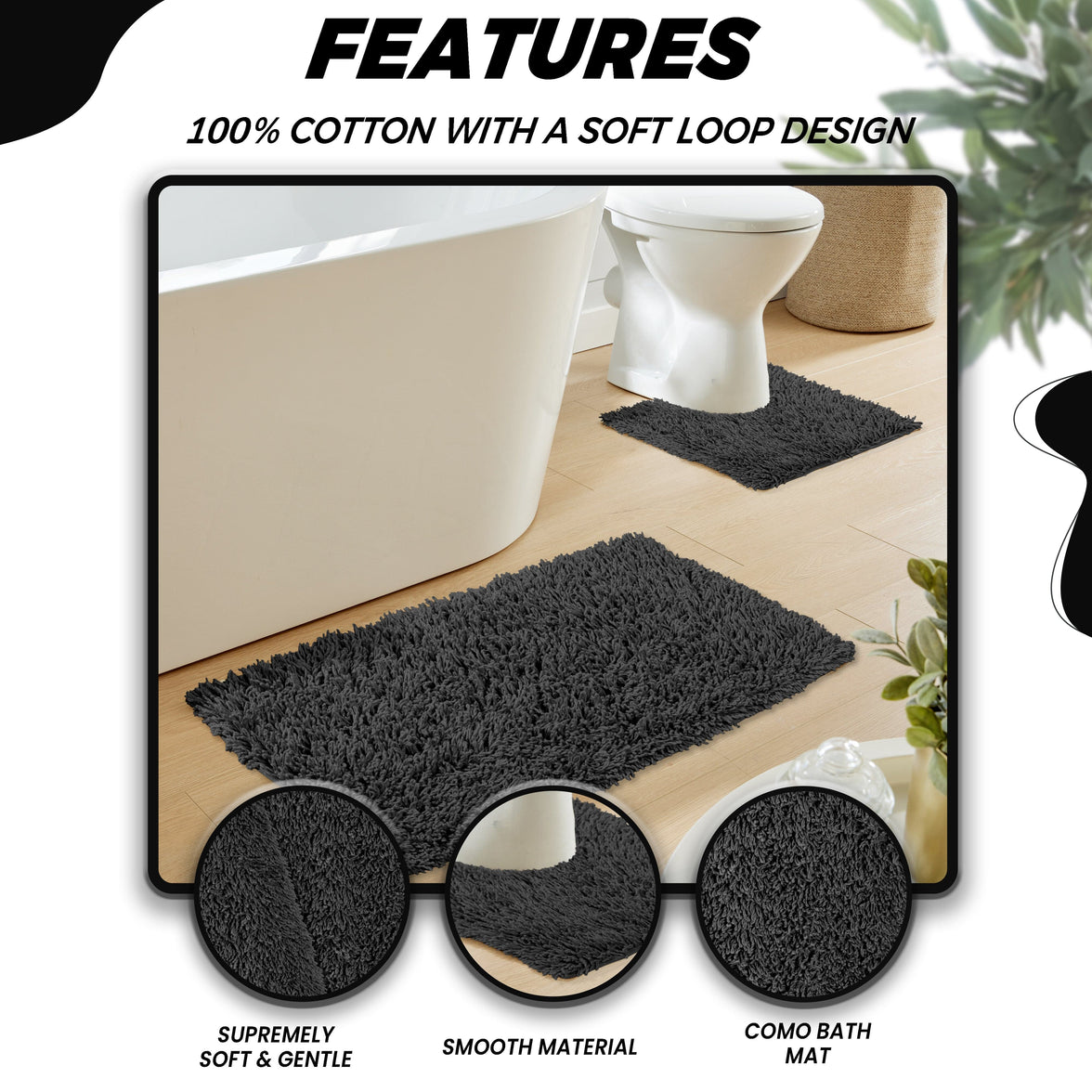 Como 2 Piece Black Bath Mat & Pedestal Set Non-Slip Super Absorbent Cotton Bathroom Mats by OLIVIA ROCCO BLACK Bath Mat