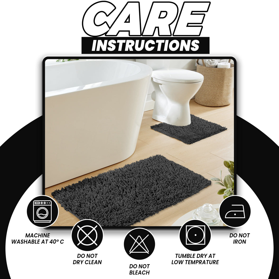 Como 2 Piece Black Bath Mat & Pedestal Set Non-Slip Super Absorbent Cotton Bathroom Mats by OLIVIA ROCCO BLACK Bath Mat