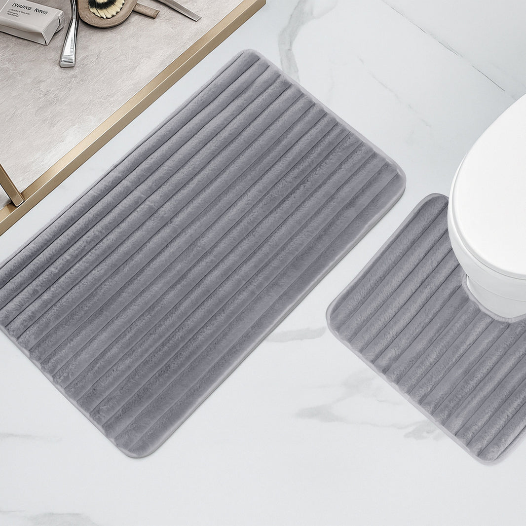 2 Piece Ribbed Bath Mat Set in Charcoal Extra Soft Non Slip Super Absorbent Bathroom & Toilet Mats Easy Care Rug by OLIVIA ROCCO CHARCOAL Bath Mat