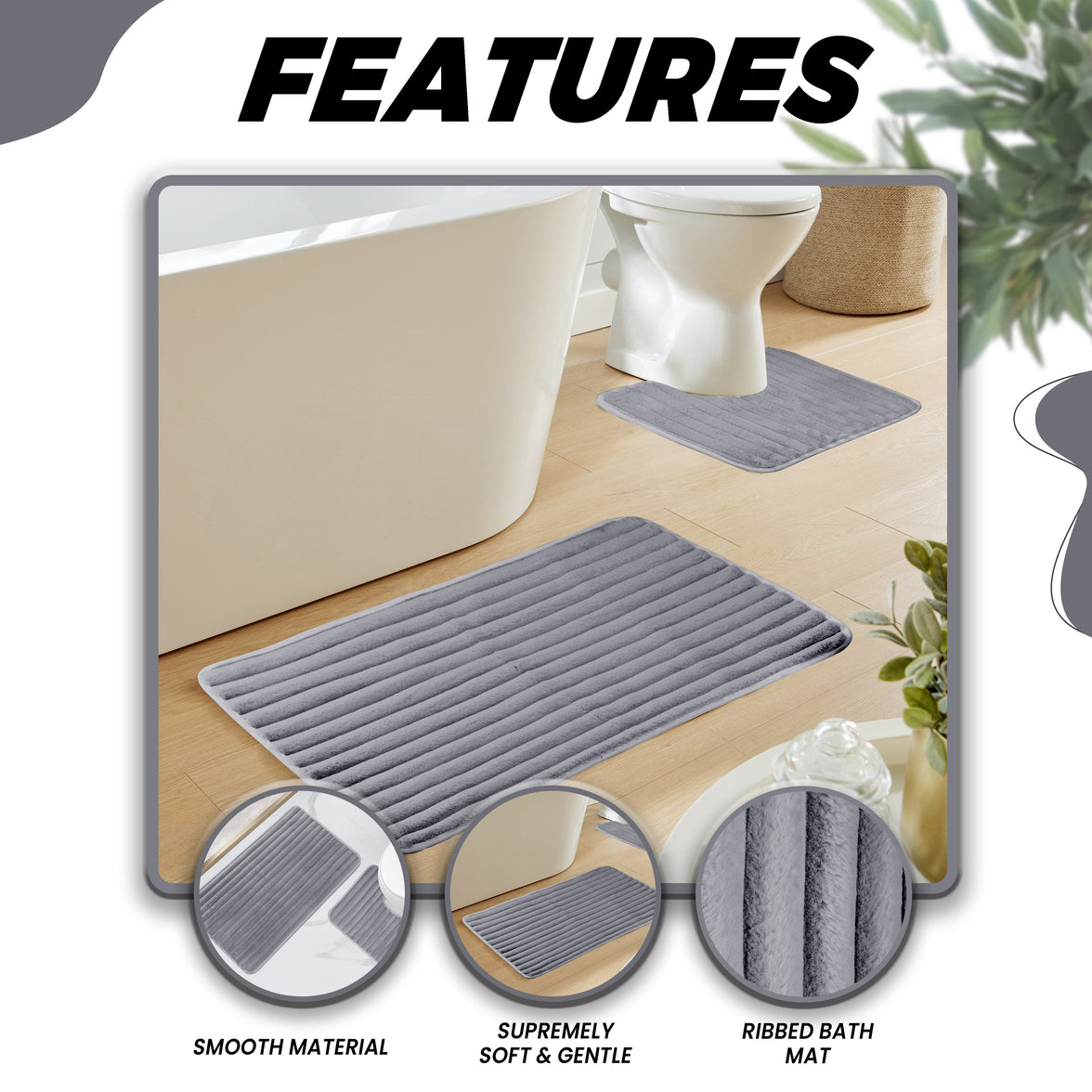 2 Piece Ribbed Bath Mat Set in Charcoal Extra Soft Non Slip Super Absorbent Bathroom & Toilet Mats Easy Care Rug by OLIVIA ROCCO CHARCOAL Bath Mat