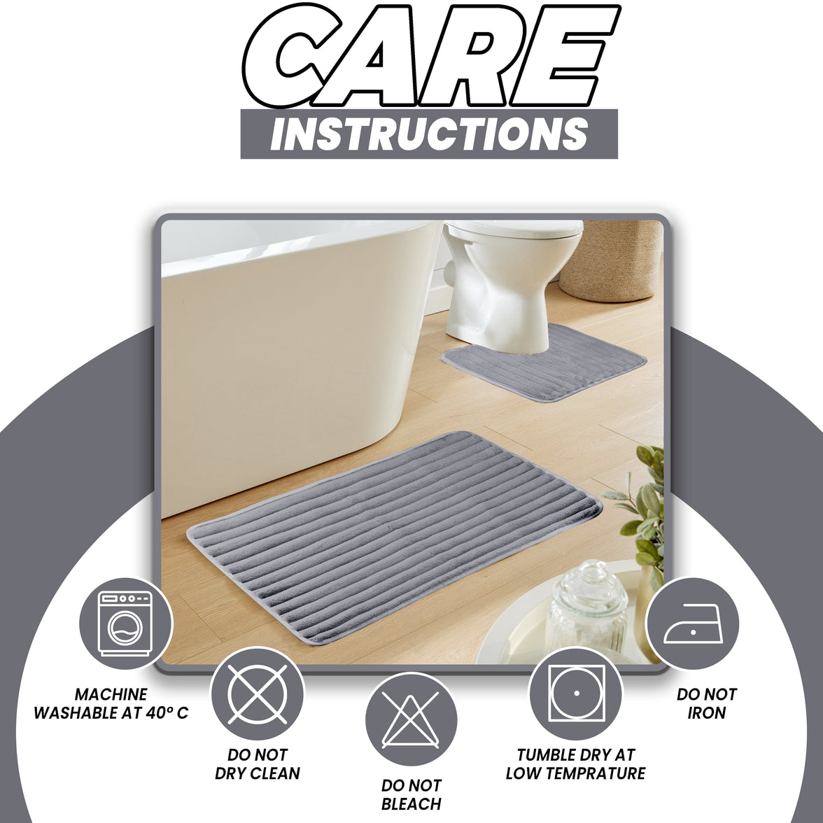 2 Piece Ribbed Bath Mat Set in Charcoal Extra Soft Non Slip Super Absorbent Bathroom & Toilet Mats Easy Care Rug by OLIVIA ROCCO CHARCOAL Bath Mat