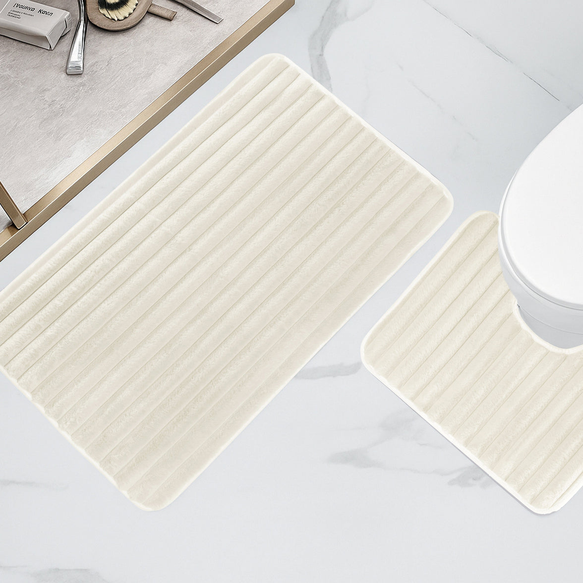 2 Piece Ribbed Bath Mat Set in Cream Extra Soft Non Slip Super Absorbent Bathroom & Toilet Mats Easy Care Rug by OLIVIA ROCCO CREAM Bath Mat