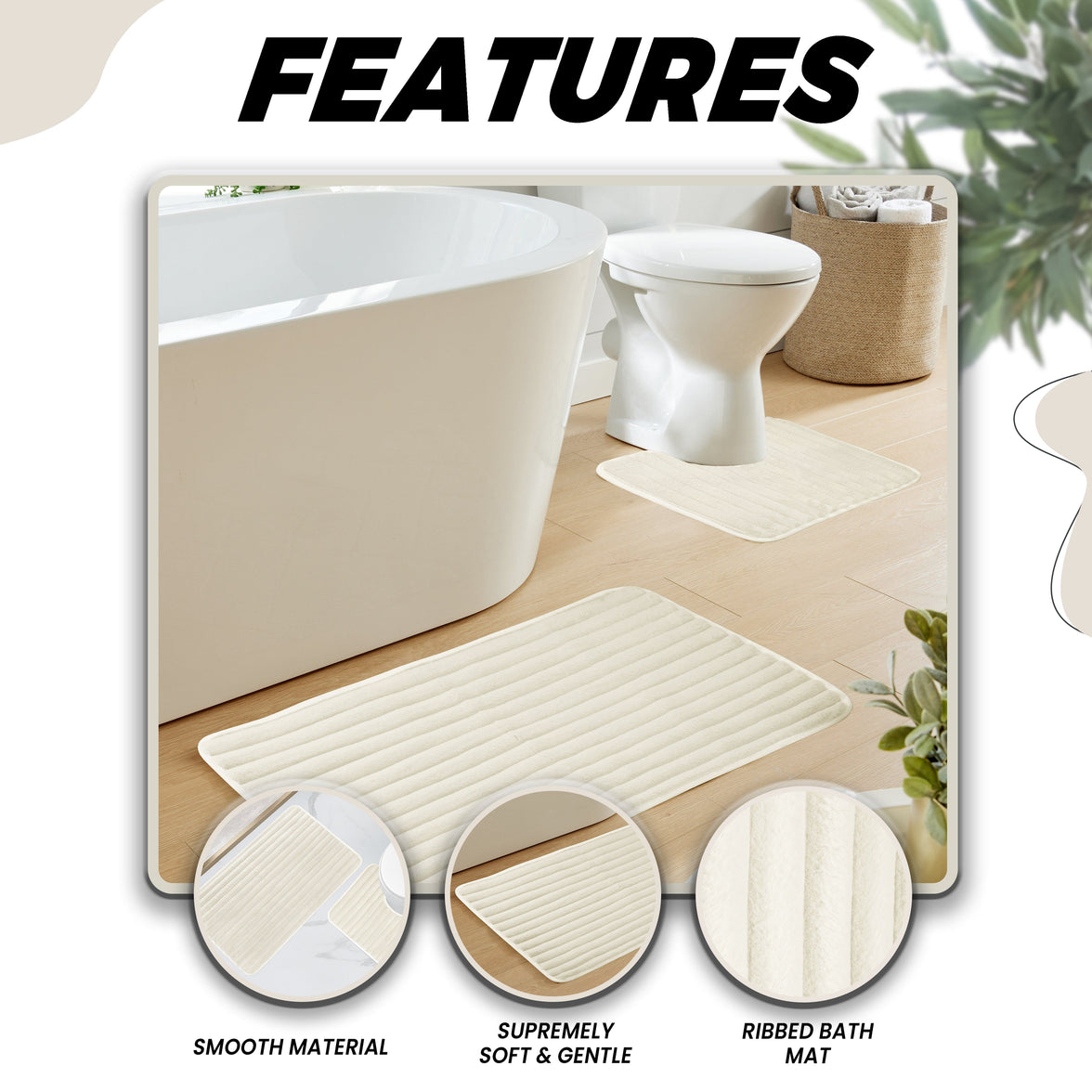 2 Piece Ribbed Bath Mat Set in Cream Extra Soft Non Slip Super Absorbent Bathroom & Toilet Mats Easy Care Rug by OLIVIA ROCCO CREAM Bath Mat