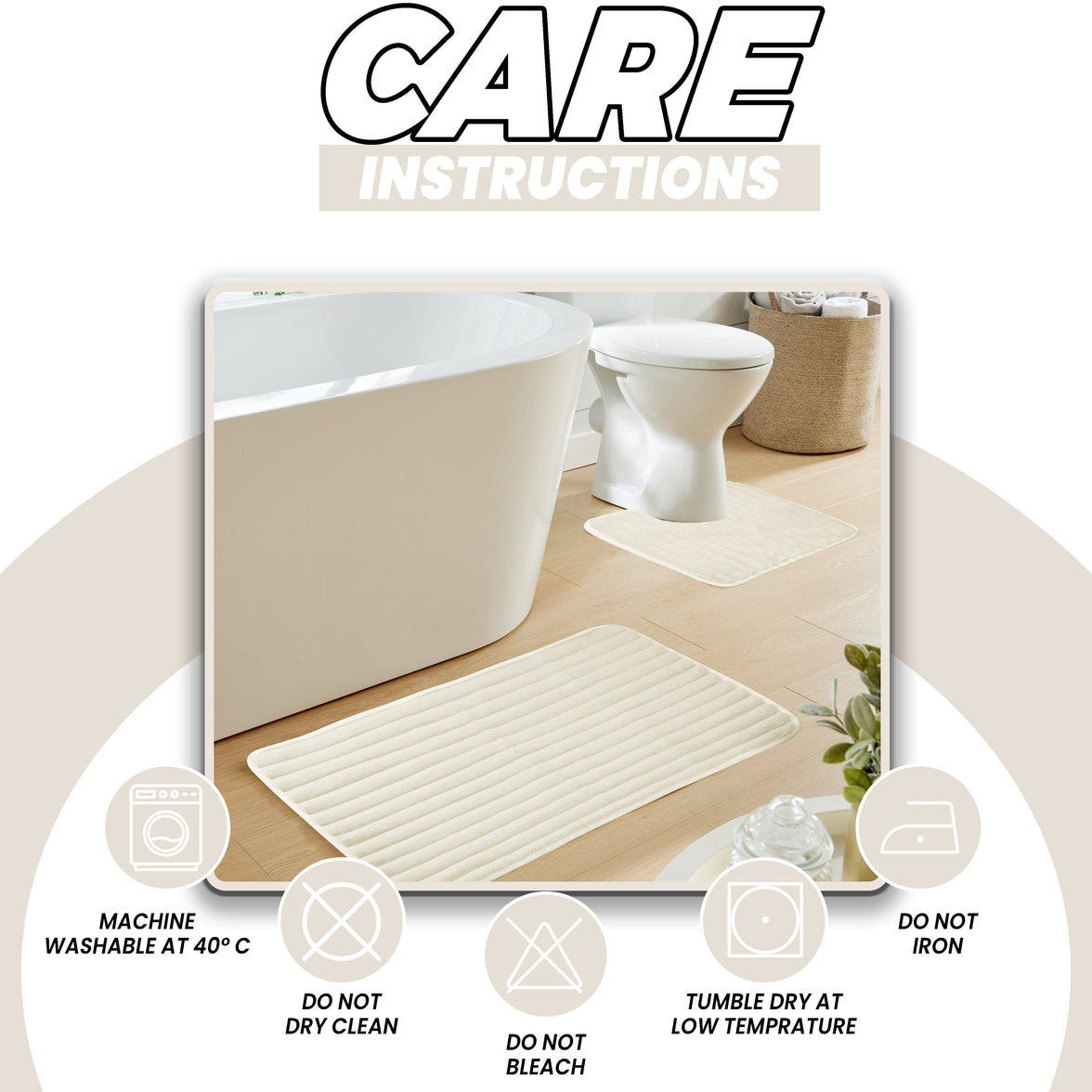 2 Piece Ribbed Bath Mat Set in Cream Extra Soft Non Slip Super Absorbent Bathroom & Toilet Mats Easy Care Rug by OLIVIA ROCCO CREAM Bath Mat