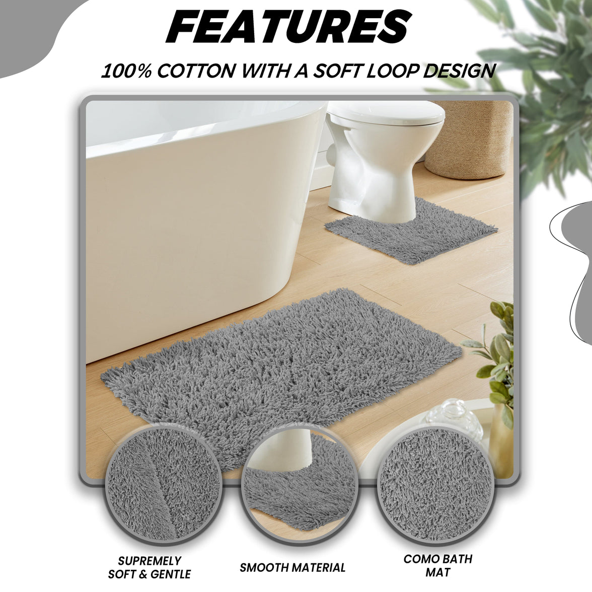 Como 2 Piece Grey Bath Mat & Pedestal Set Non-Slip Super Absorbent Cotton Bathroom Mats by OLIVIA ROCCO GREY Bath Mat