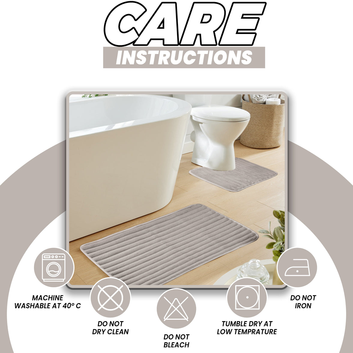 2 Piece Ribbed Bath Mat Set in Natural Extra Soft Non Slip Super Absorbent Bathroom & Toilet Mats Easy Care Rug by OLIVIA ROCCO NATURAL Bath Mat