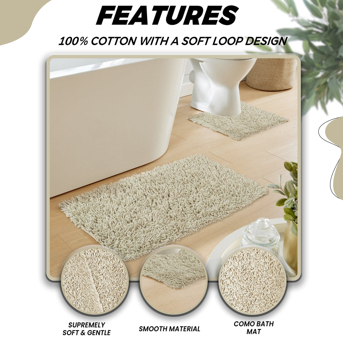 Como 2 Piece Natural Bath Mat & Pedestal Set Non-Slip Super Absorbent Cotton Bathroom Mats by OLIVIA ROCCO NATURAL Bath Mat
