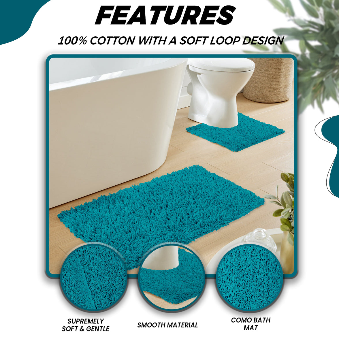 Como 2 Piece Teal Bath Mat & Pedestal Set Non-Slip Super Absorbent Cotton Bathroom Mats by OLIVIA ROCCO TEAL Bath Mat