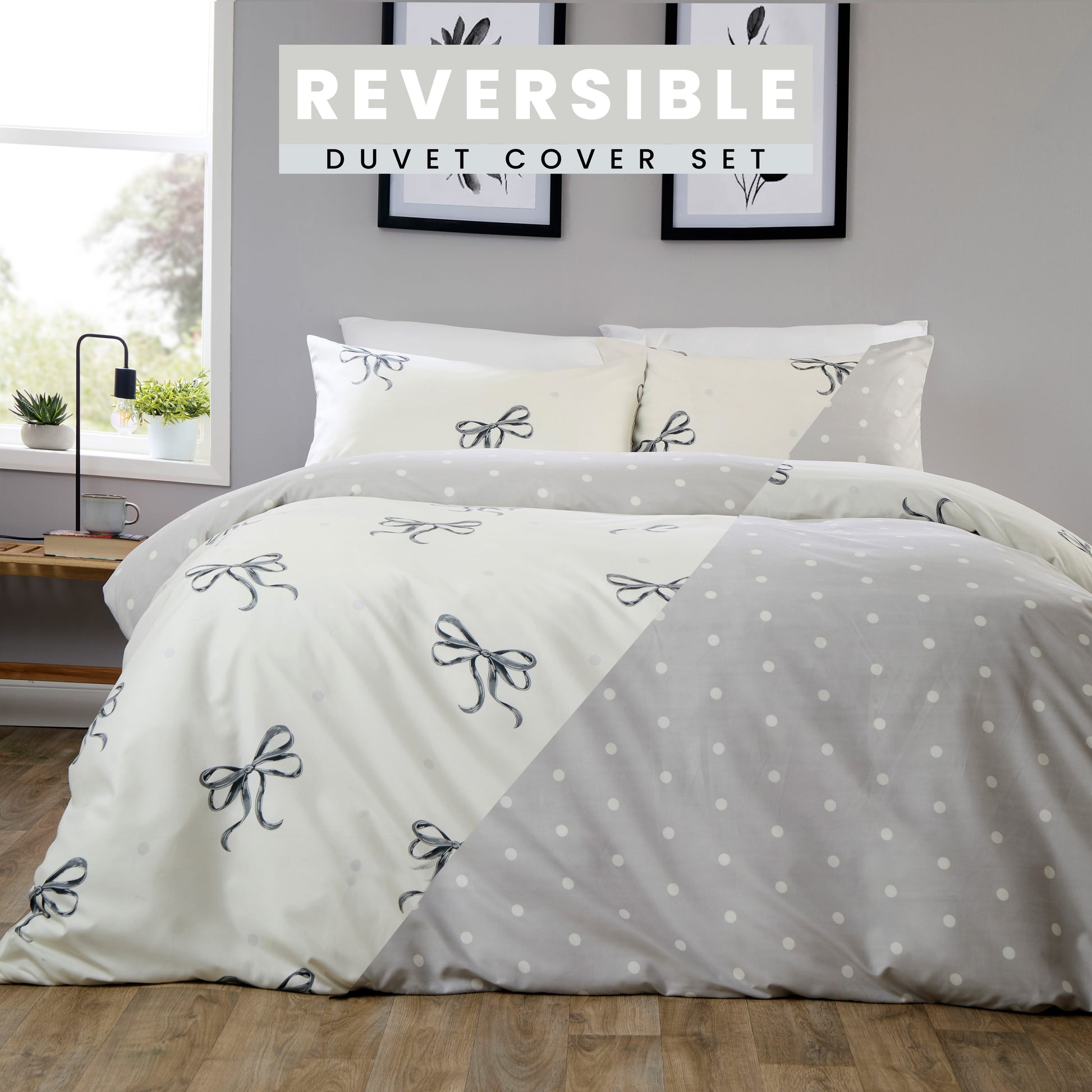 OLIVIA ROCCO Bows Black Printed Reversible Duvet Cover Set Quilted Polyester Blend with Button Closure Single Double King Size Duvet Cover