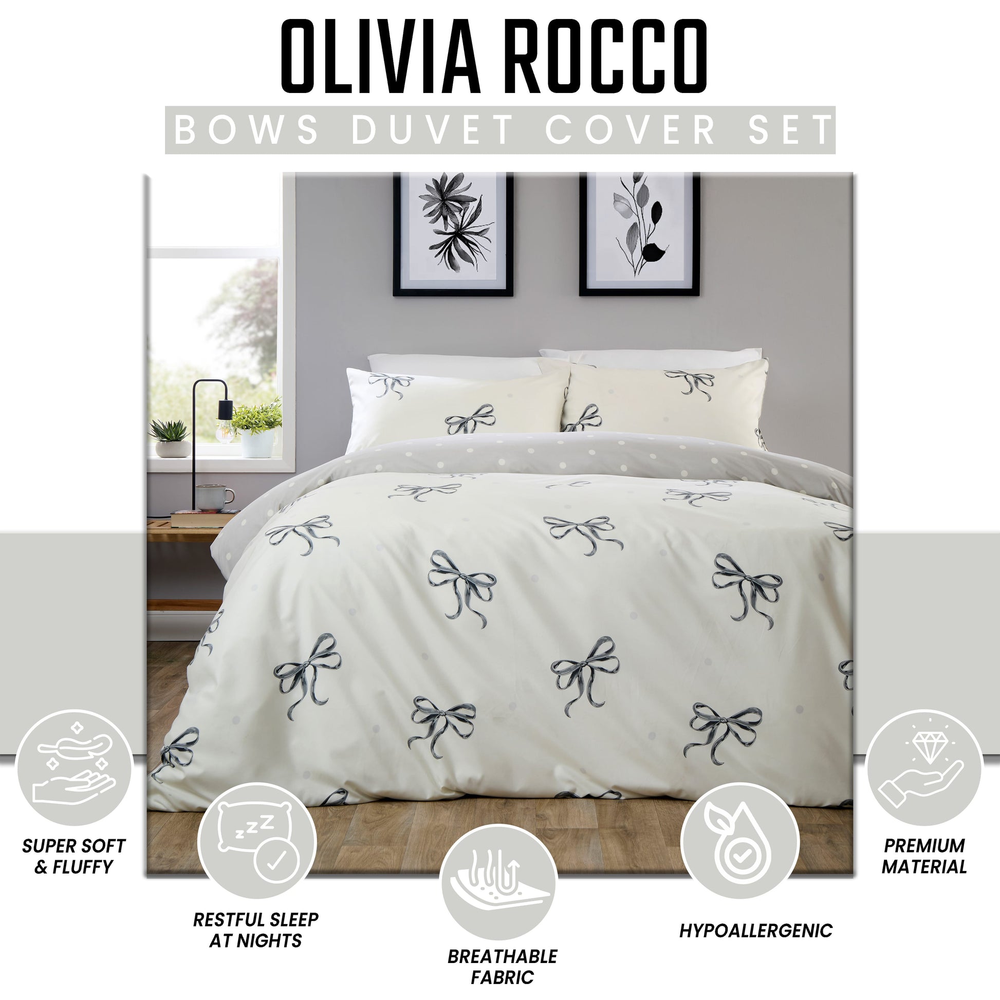 OLIVIA ROCCO Bows Black Printed Reversible Duvet Cover Set Quilted Polyester Blend with Button Closure Single Double King Size Duvet Cover
