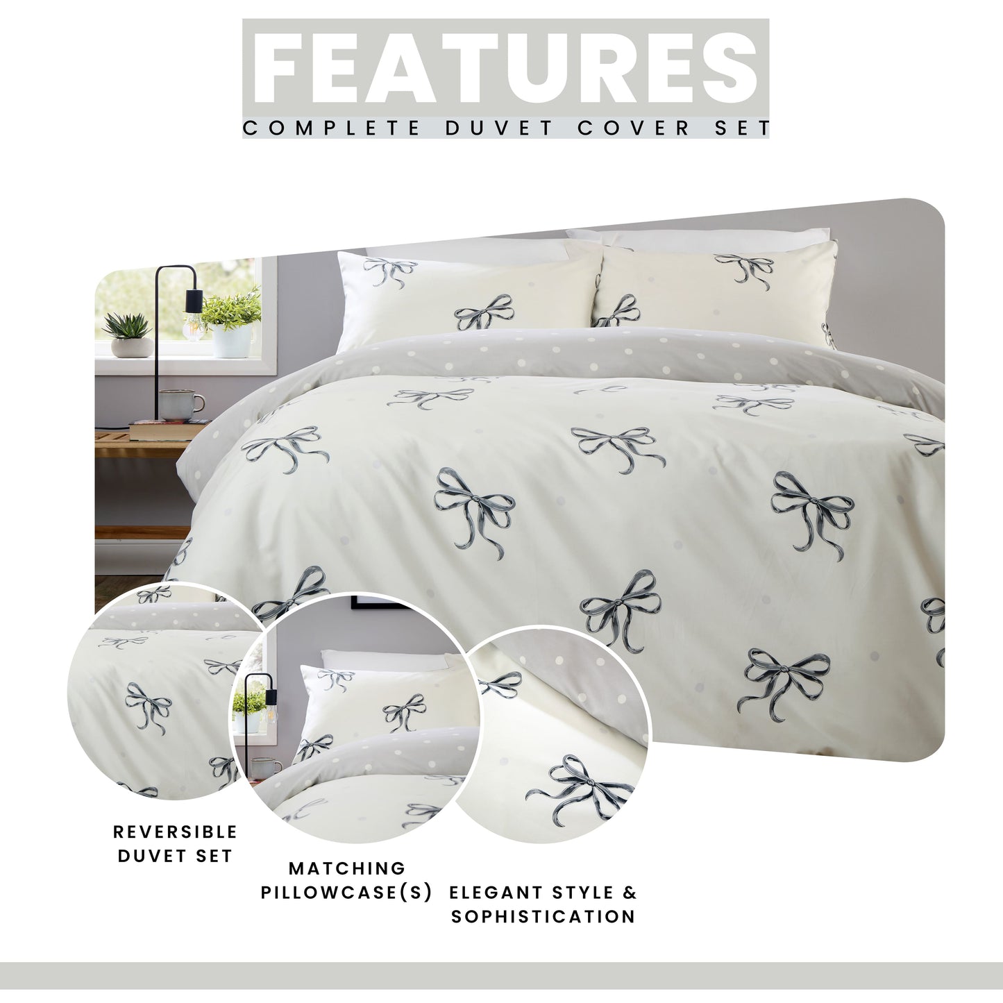 OLIVIA ROCCO Bows Black Printed Reversible Duvet Cover Set Quilted Polyester Blend with Button Closure Single Double King Size Duvet Cover