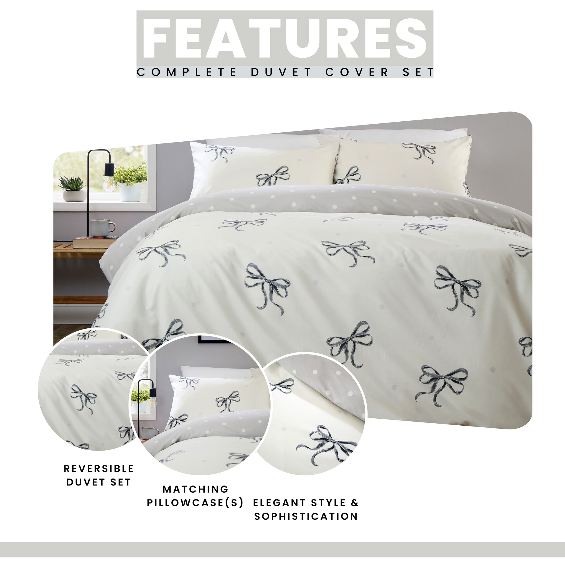 OLIVIA ROCCO Bows Black Printed Reversible Duvet Cover Set Quilted Polyester Blend with Button Closure Single Double King Size Duvet Cover