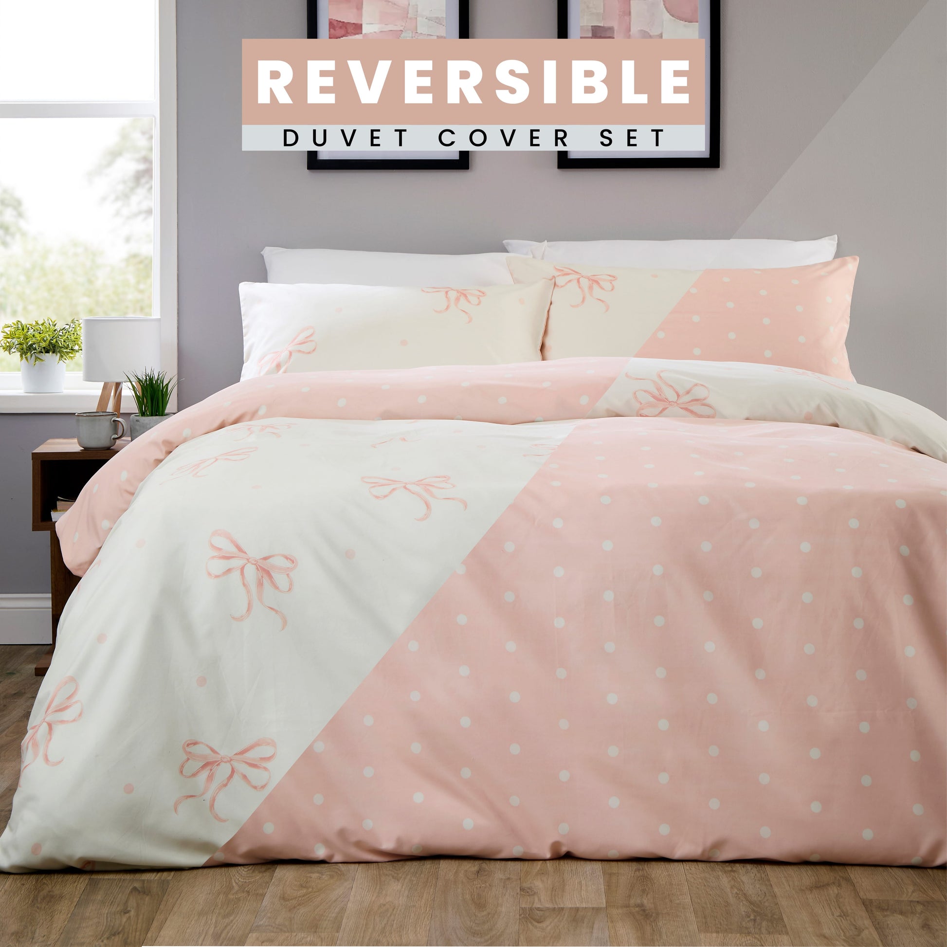 OLIVIA ROCCO Bows Pink Printed Reversible Duvet Cover Set Quilted Polyester Blend with Button Closure Single Double King Size Duvet Cover