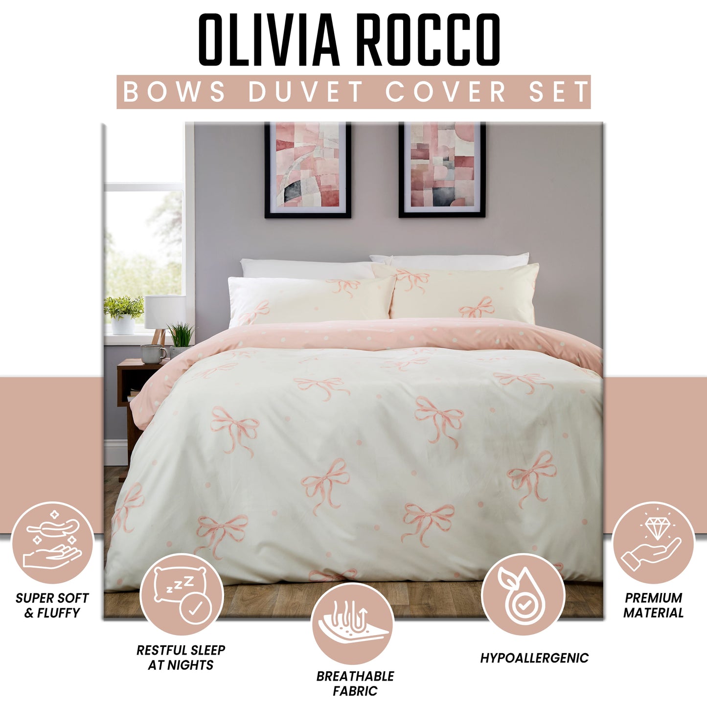 OLIVIA ROCCO Bows Pink Printed Reversible Duvet Cover Set Quilted Polyester Blend with Button Closure Single Double King Size Duvet Cover