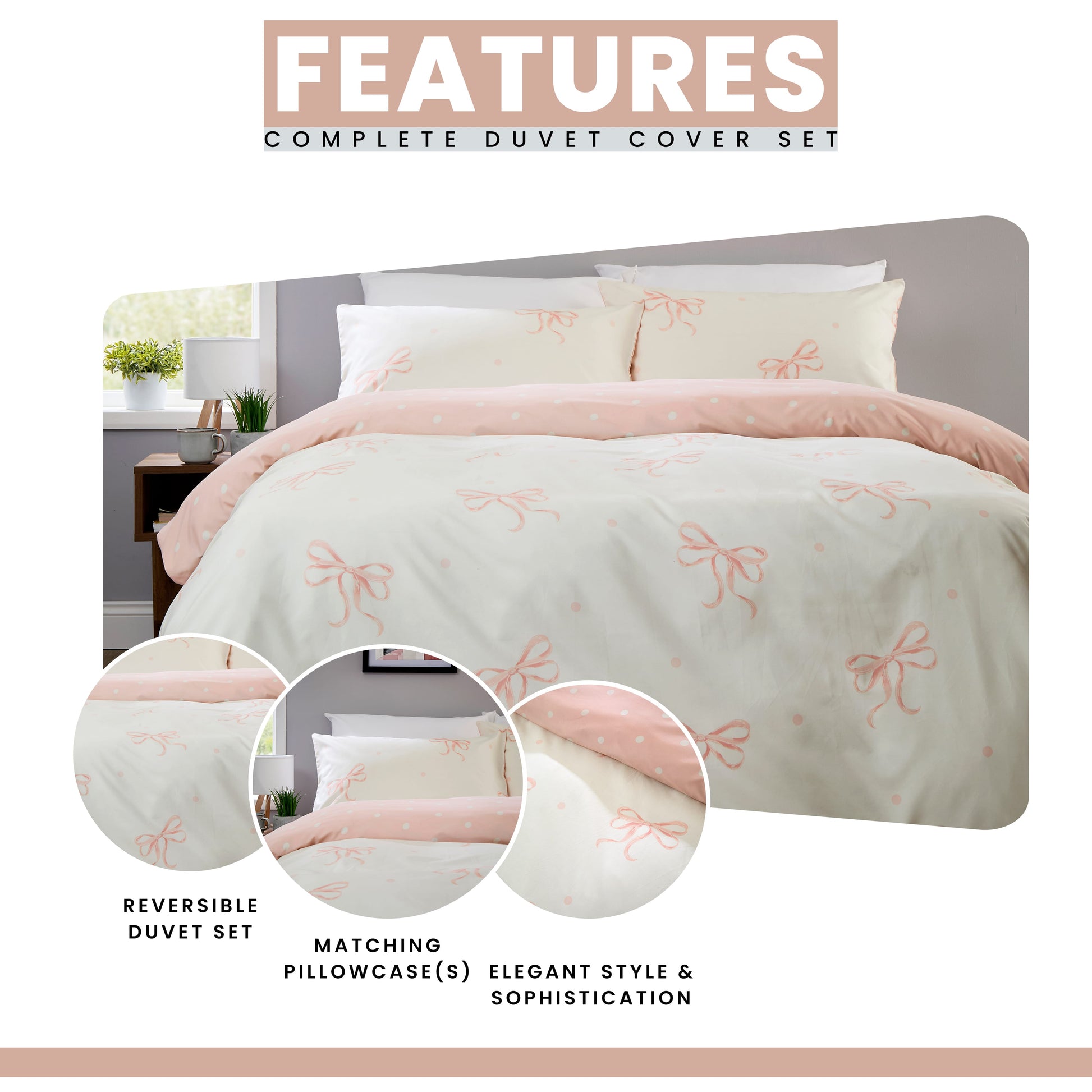 OLIVIA ROCCO Bows Pink Printed Reversible Duvet Cover Set Quilted Polyester Blend with Button Closure Single Double King Size Duvet Cover