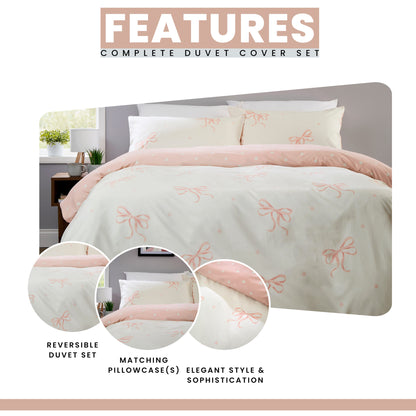 OLIVIA ROCCO Bows Pink Printed Reversible Duvet Cover Set Quilted Polyester Blend with Button Closure Single Double King Size Duvet Cover